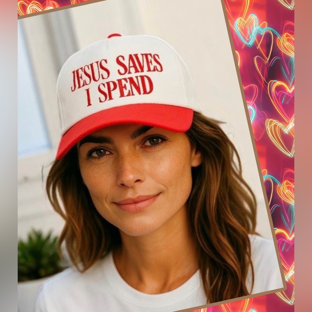 New! Jesus Saves I Spend Embroidered Red Trucker Hat